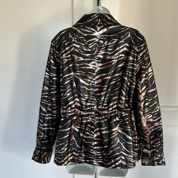 Erin London Women’s Cotton Blend Zebra Print Metallic Front Zip Up & Snap Size L - Picture 3 of 14